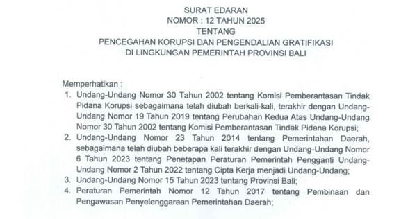 Read more about the article SE TENTANG PENCEGAHAN KORUPSI DAN PENGENDALIAN GRATIFIKASI DI LINGKUNGAN PEMERINTAH PROVINSI BALI